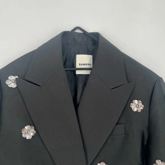 Sandro Flower Floral 3D Embellished Cropped Double Breasted Blazer Satin Jacket - Picture 2 of 9